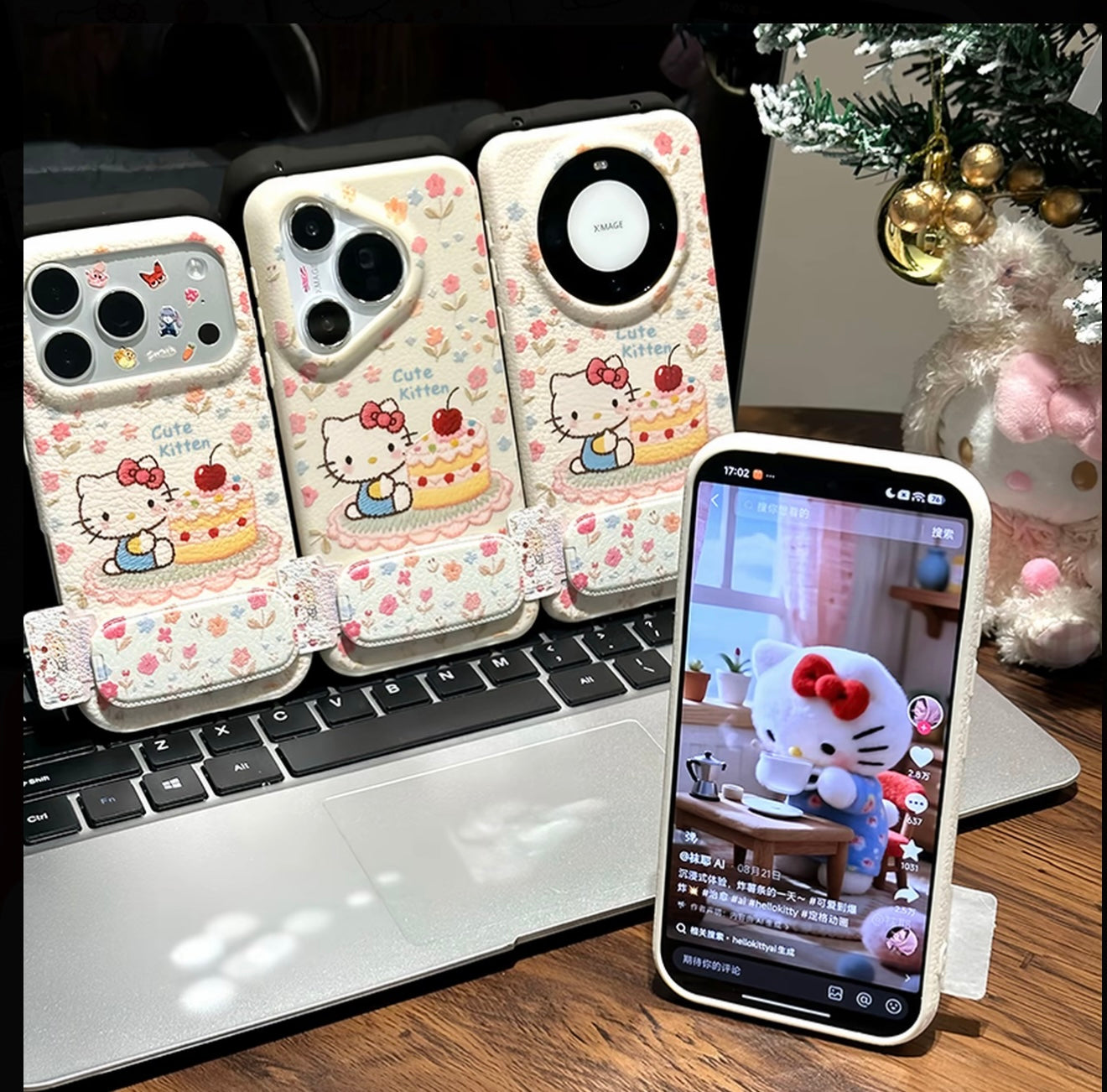 かわいいハローキティ花柄スマホケース 折りたたみミラーキックスタンド付き - 耐衝撃保護カバー iPhone用