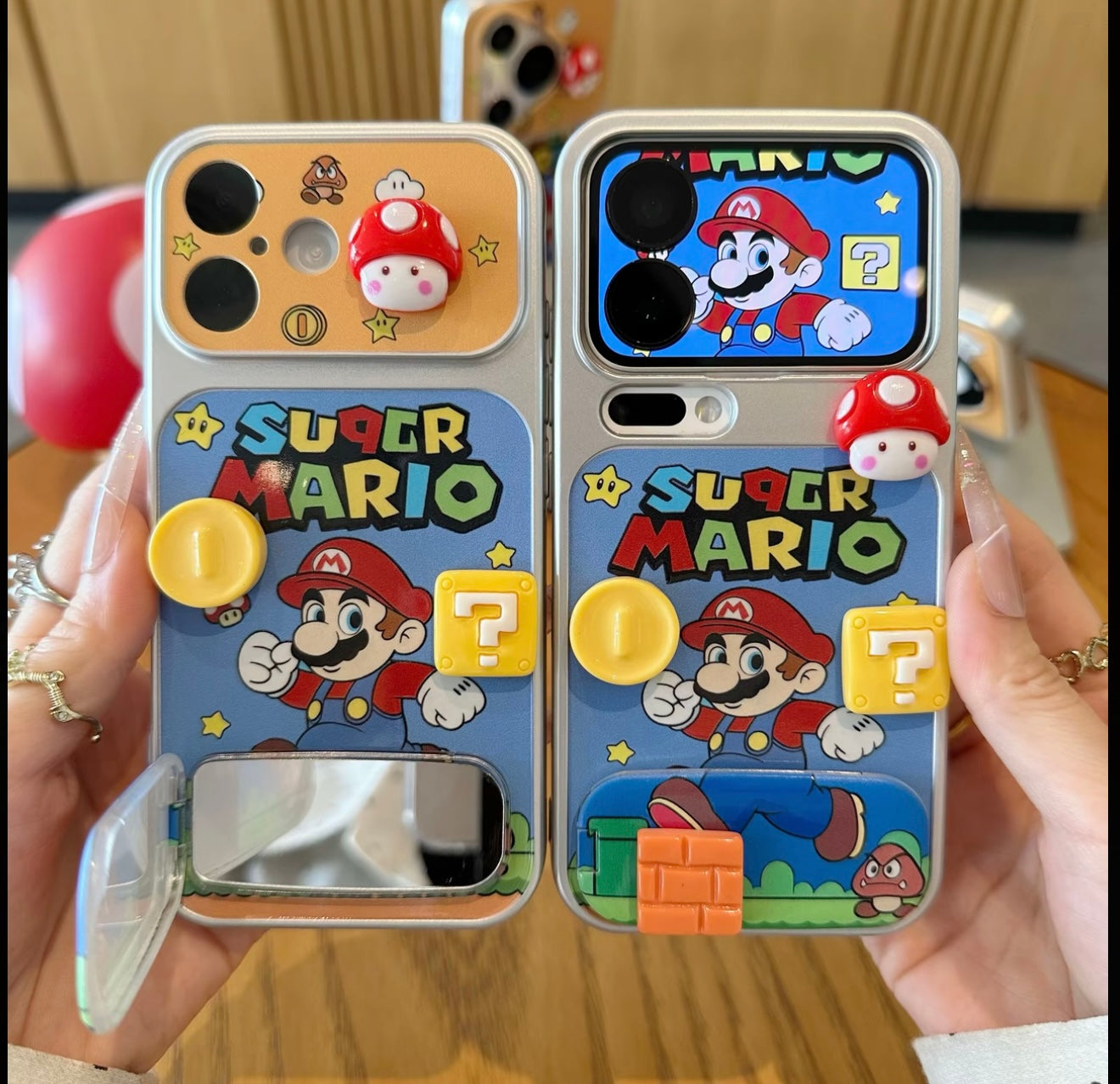 レトロクラシックスーパーマリオカートゥーンスマホケース 3D立体キノコ飾りスタンド 折りたたみ式 角度調節可能 ホルダー ゲーム・動画視聴に最適