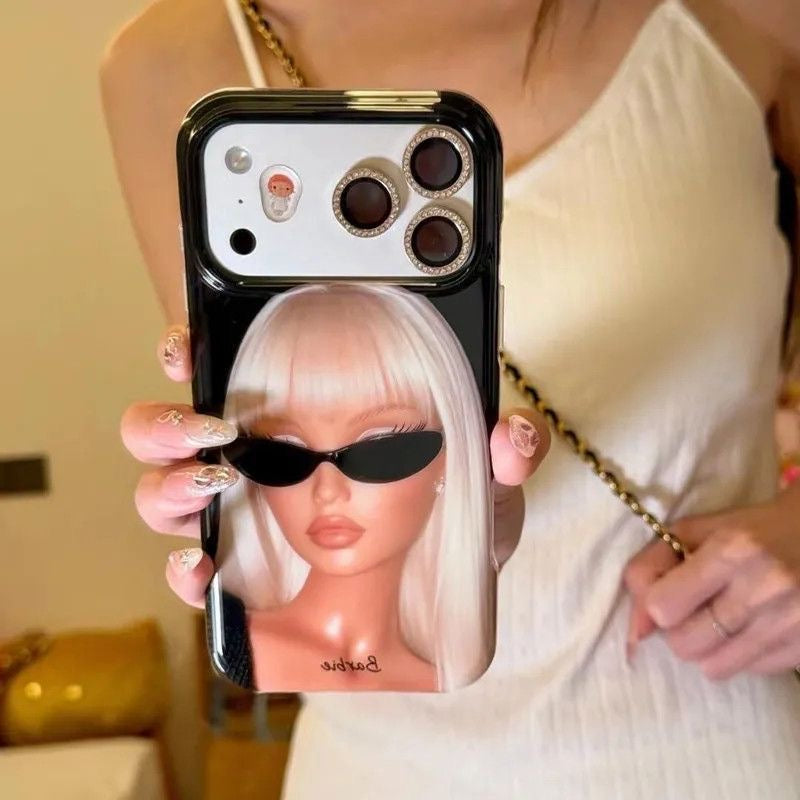 Trendy White Hair Sunglasses Barbie Girl Phone Case, Electroplated Black Mirror Lens Window Design, Cute Y2K Women Fashion Case