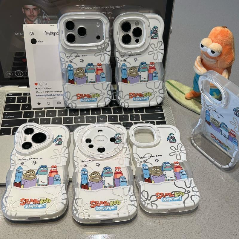 漫画 スポンジ・ボブのキャラクター 波型フレーム スマホケース、全iPhoneモデル対応 透明 美的 耐衝撃 スマホカバー
