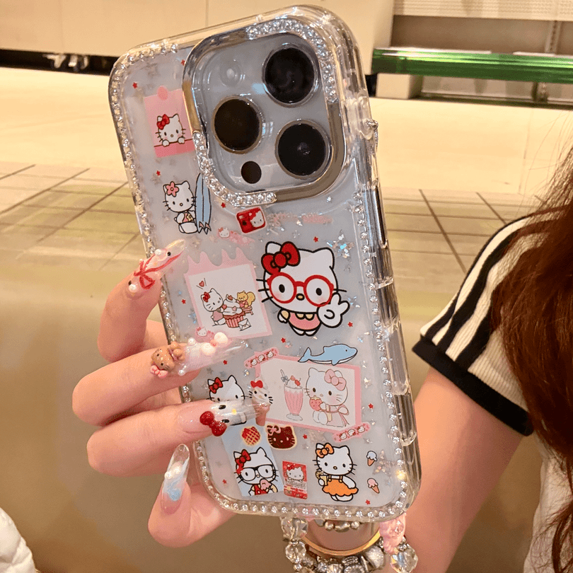 Cute Clear Glitter Kitty Phone Case, Diamond Rhinestone Camera Frame Protective Cover With Detachable Pink Bead Bracelet Charm for iPhone
