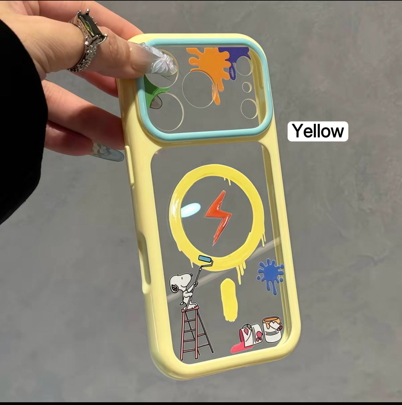 Cartoon Snoopy Painter Graffiti Clear Phone Case, Multi Pastel Glossy Frame Shockproof Protective Case for iPhone