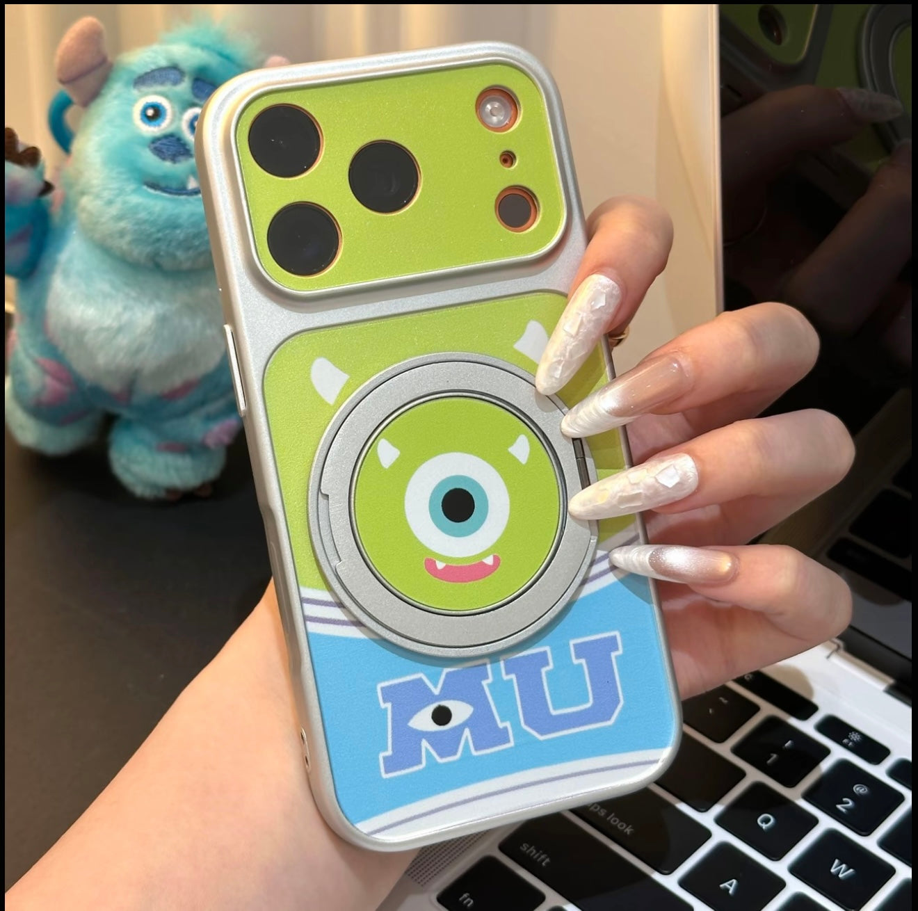 Cute Monster University Mike Wazowski Sulley Cartoon Phone Case, 360° Rotatable Magnetic Ring Kickstand Shockproof Protective Cover for iPhone Samsung Foldable Phones