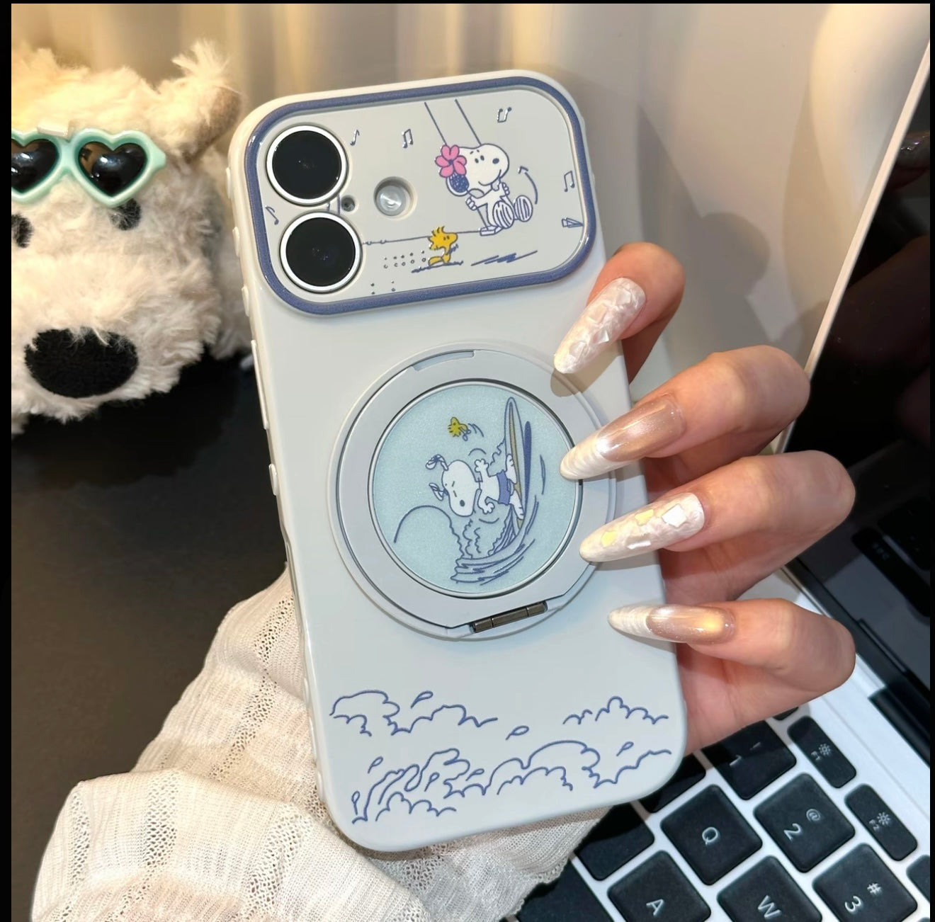Kawaii Ocean Wave White Dog Cartoon Phone Case Rotatable Mirror Bracket Large Camera Frame Anti-drop Phone Case For All Smartphones