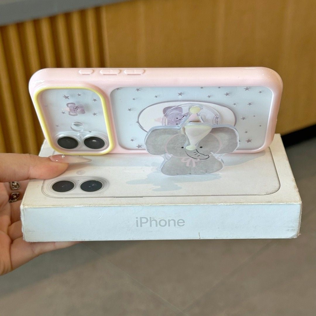 Korean Ins Style Cute Baby Elephant Rotating Holder Phone Case, Color Frame Star Clear Anti-drop Case For All iPhone Models