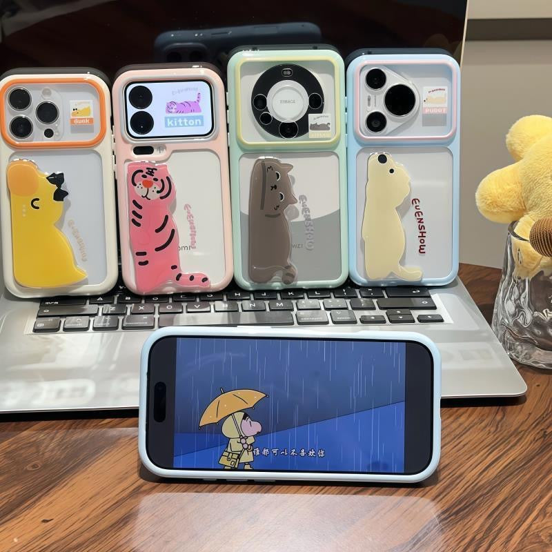 Multicolor 3D Animal Decor Phone Case With Adjustable Foldable Stand, Transparent Shockproof Phone Cover For All Smartphone Models