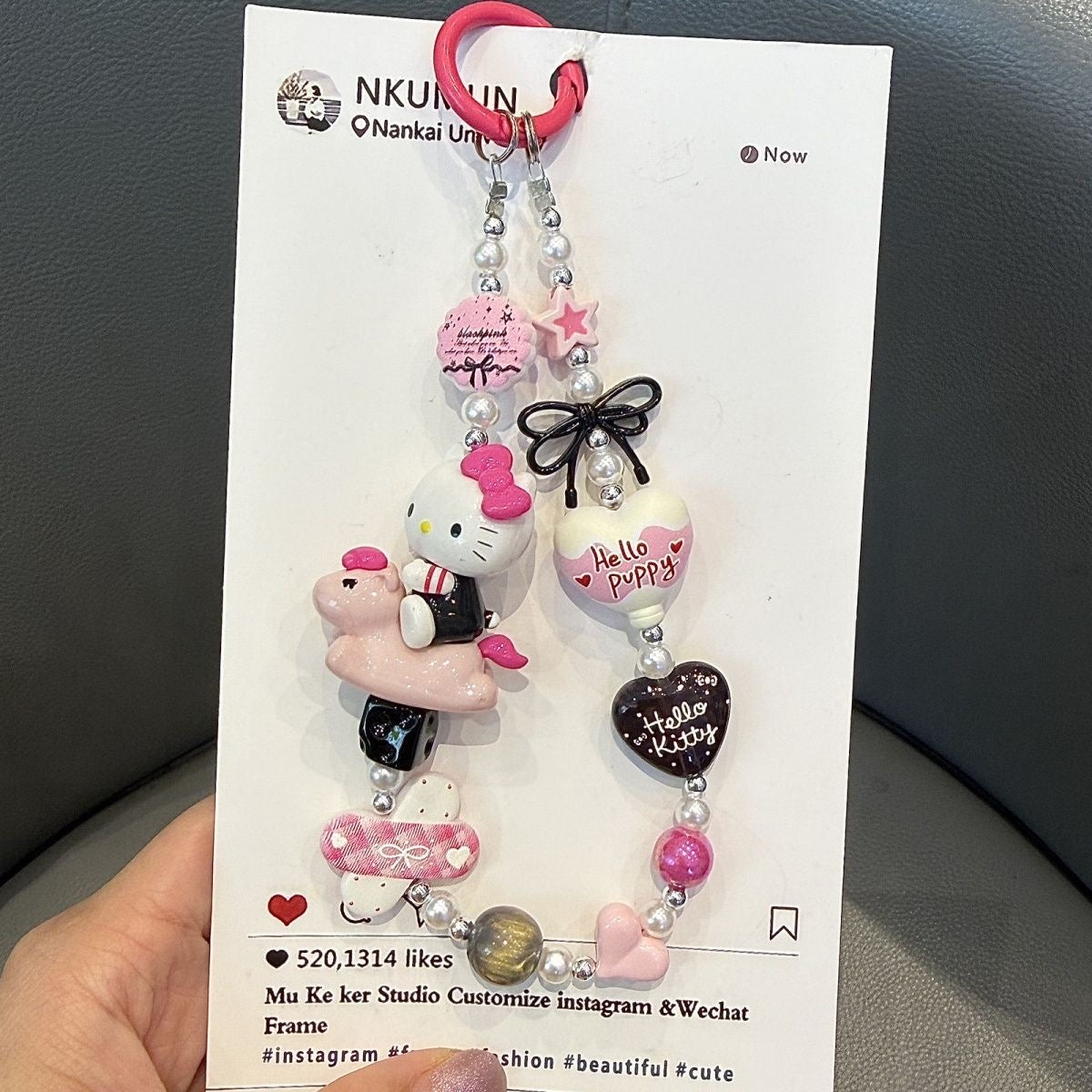 Cute Cartoon Kitten Beaded Phone Charm, Pink Bow Handmade Beaded Phone Chain for Cell Phone, Bag & Key Decor
