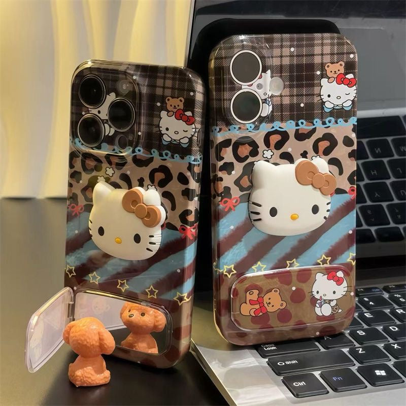 Y2K Leopard Plaid Cartoon Kitten 3D Phone Case with Flip Mirror Puppy Decor Cute Protective Cover for iPhone