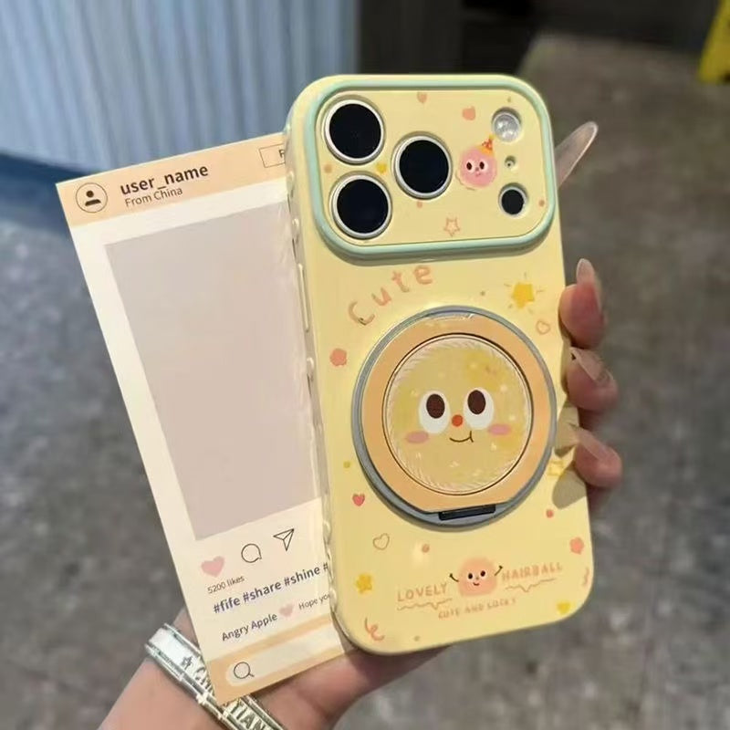 Pastel Cute Fluffy Ball Cartoon Print Phone Case, Rotatable Mirror Ring Stand, Large Lens Window Shockproof Girly Protective Cover For iPhone