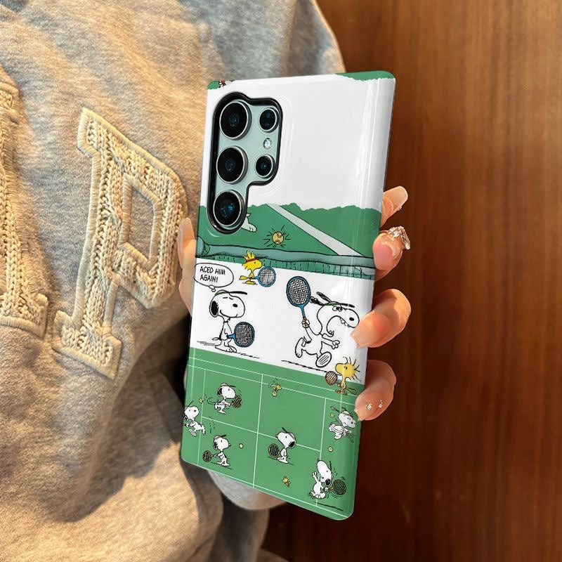 Vintage Comic Strip Style Phone Case, Minimalist Black & White Puppy Playing Tennis Pattern, Smooth Glossy Hard Shell, Full Camera Cutout Shockproof Anti-Fall Protective Case for Samsung S Series Smartphones