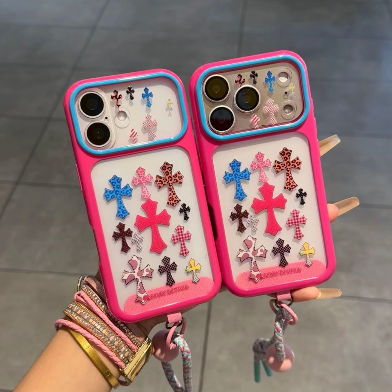 Hot Pink Border Transparent Phone Case with Multi-Style Cross Graphic Print, Detachable Braided Bead Hand Strap, Raised Lens Anti-Drop Protective Shell for iPhone 15 14 13 12 Series