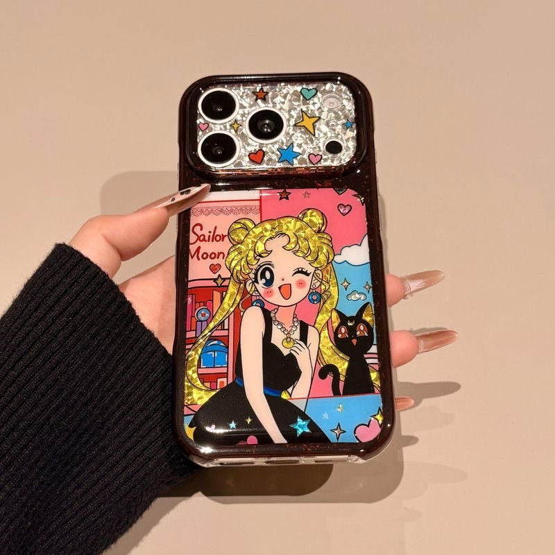 Glitter Sparkling Large Camera Cutout Phone Case, Vintage Cartoon Blonde Girl Black Cat Comic Print Shockproof Protective Cover For iPhone Huawei XMAGE