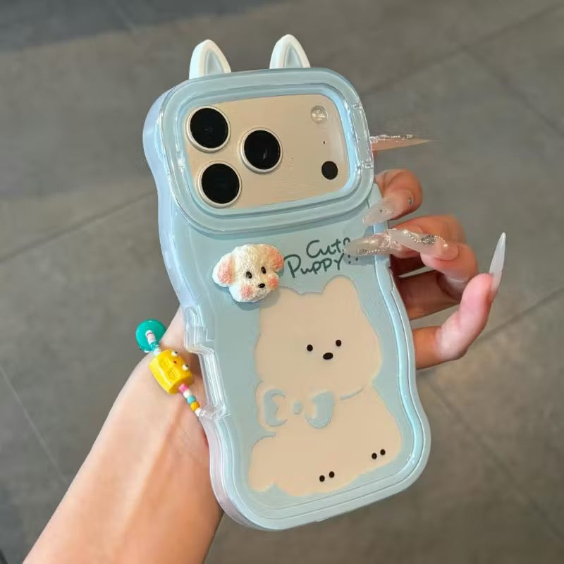Cute Wavy Edge Puppy Pattern Phone Case with 3D Fluffy Dog Ornament, Ear Decor & Hidden Lens Stand Shockproof Cover