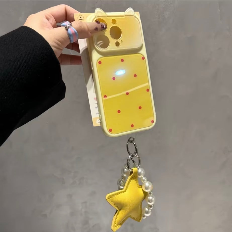Kawaii Cat‑Ear Flip Lens Cover, Polka‑Dot Phone Case With Pearl Star Hand Strap