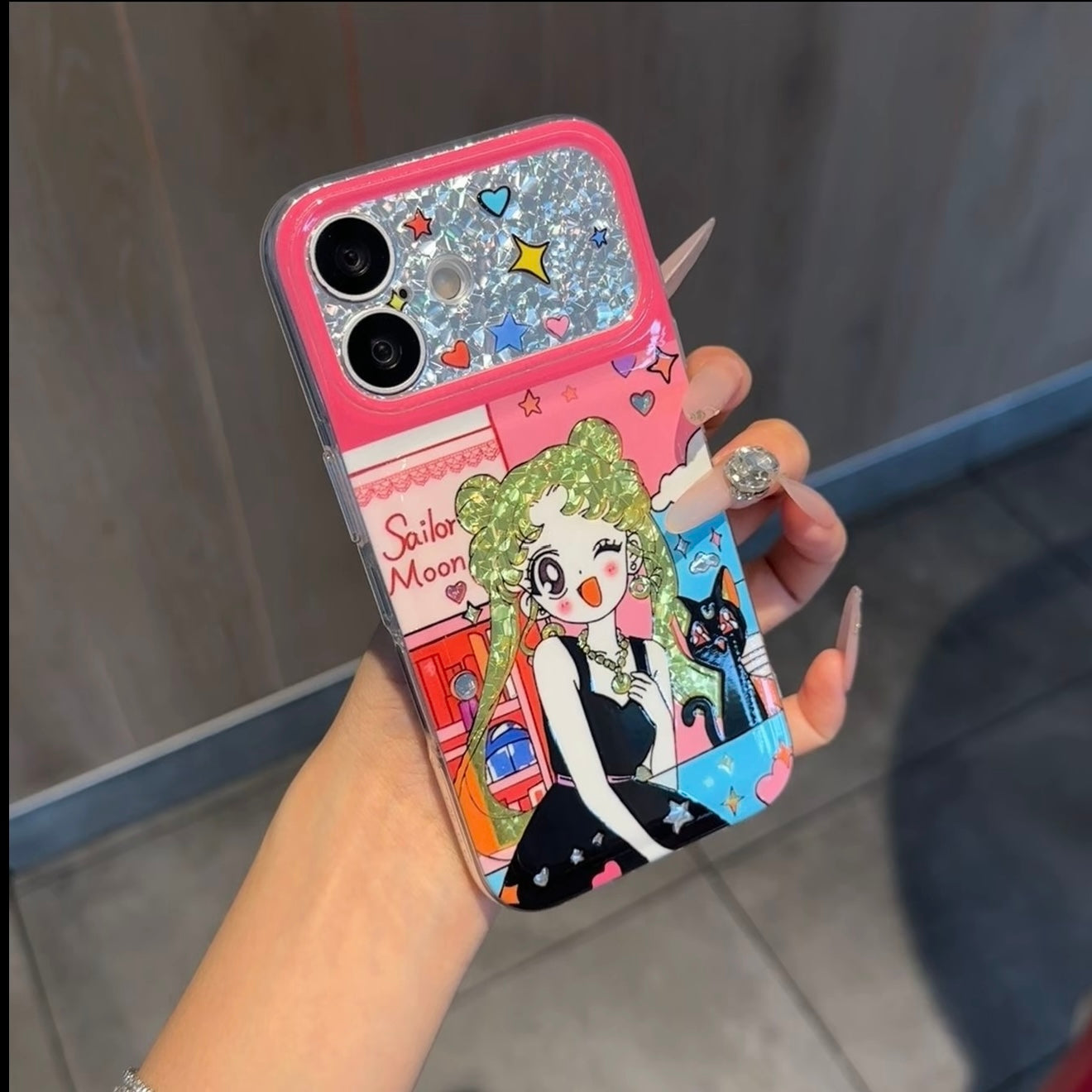 Vintage Cartoon Girl Sailor Moon Pattern Phone Cover, Glitter Flap Camera Lens Protector, Shockproof Soft Protective Phone Shell For iPhone
