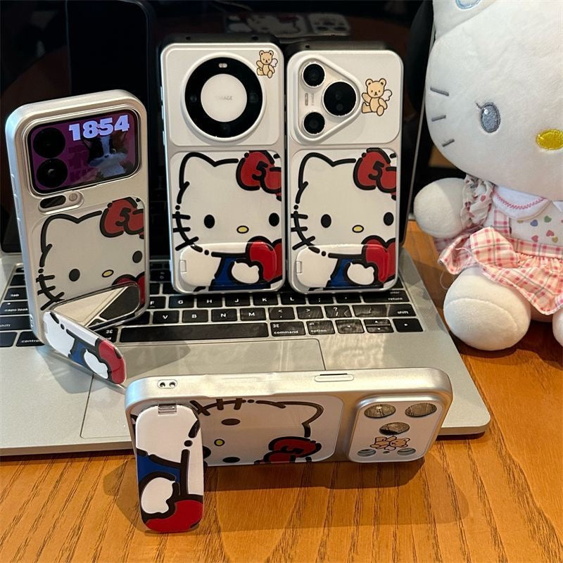 Cute Cartoon Flip Mirror Phone Case, Silver Frame Protective Phone Cover With Little Bear Pattern