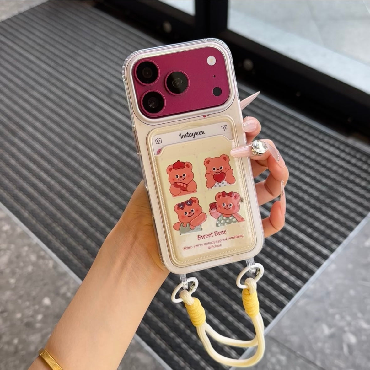 Cute Cartoon Bear Card Holder Phone Case, Clear Soft TPU Protective Cover With Card Pocket & Wrist Lanyard For iPhone 18 Pro Max 17 16 15 14