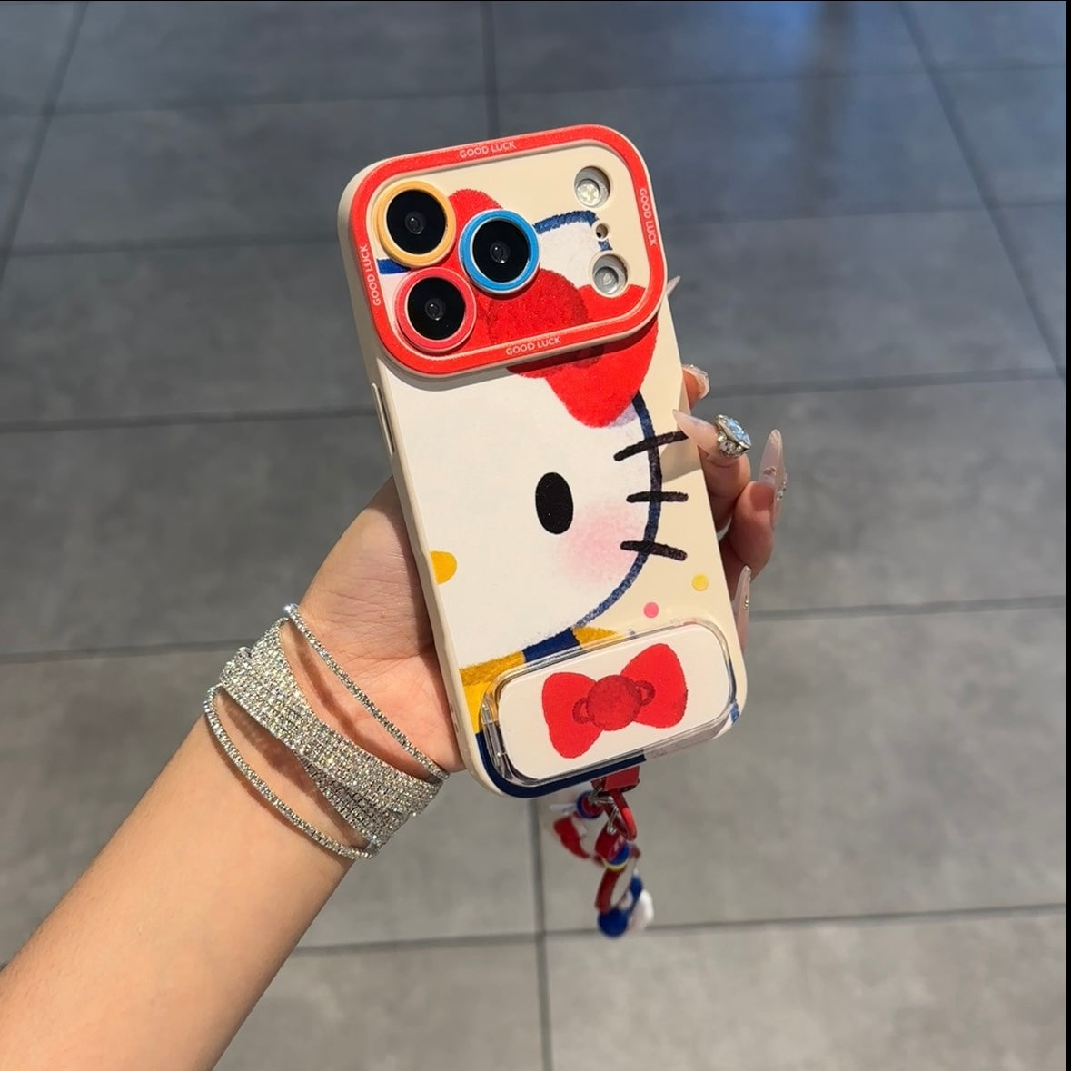 Cute Cartoon Phone Case Built‑in Foldable Stand Beaded Hand Strap For iPhone Series