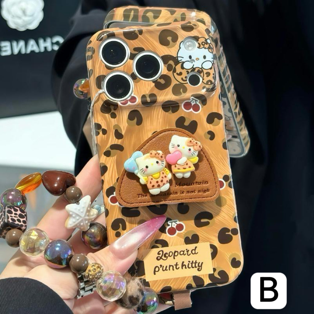 Vintage Leopard Kitty Pattern Cute Cartoon Pop Socket Phone Case With Beaded Chain Wrist Lanyard Shockproof Protective Cover For iPhone