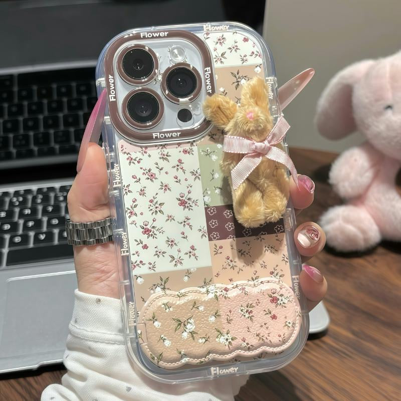 Cute Clear Phone Case With Detachable 3D Plush Bunny Ornament, Sweet Floral Patchwork Shock‑Resistant Protective Case For iPhone Series