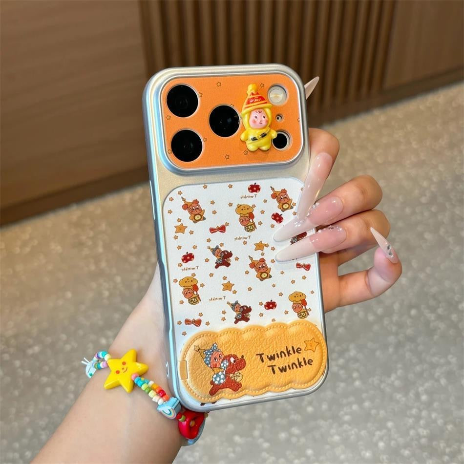 Cute Retro Print Phone Case with 3D Twinkle Doll Ornament & Built‑in Foldable Stand, Shock‑Proof Bumper Protective Cover For iPhone Series