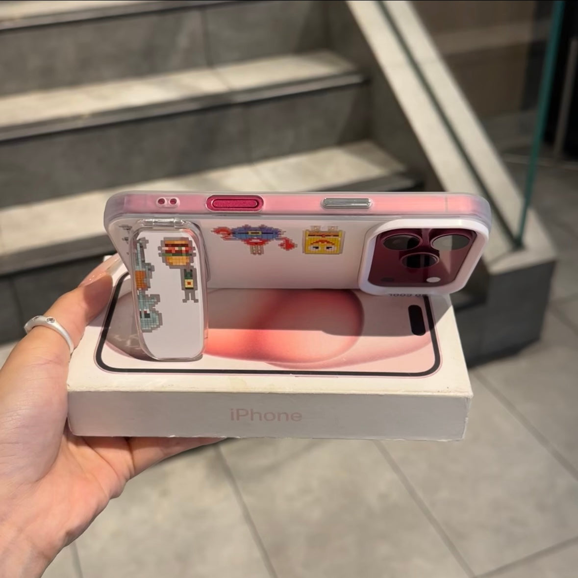 Retro Pixel Cartoon Print Phone Case Transparent Foldable Kickstand Large Camera Frame Shock‑Resistant Phone Cover For iPhone
