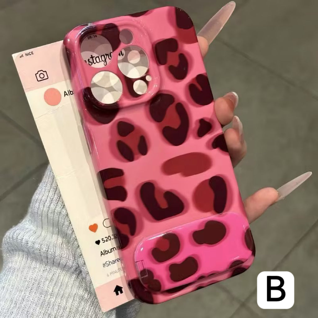 Pink Heart Leopard Pattern Mirror Phone Case, Cute Protective Cover for Smartphone