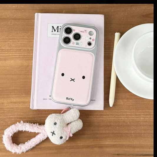 Kawaii Pink Miffy Rabbit Phone Case, Large Camera Window Protective Cover with Detachable Plush Bunny Pendant Shockproof Case for iPhone