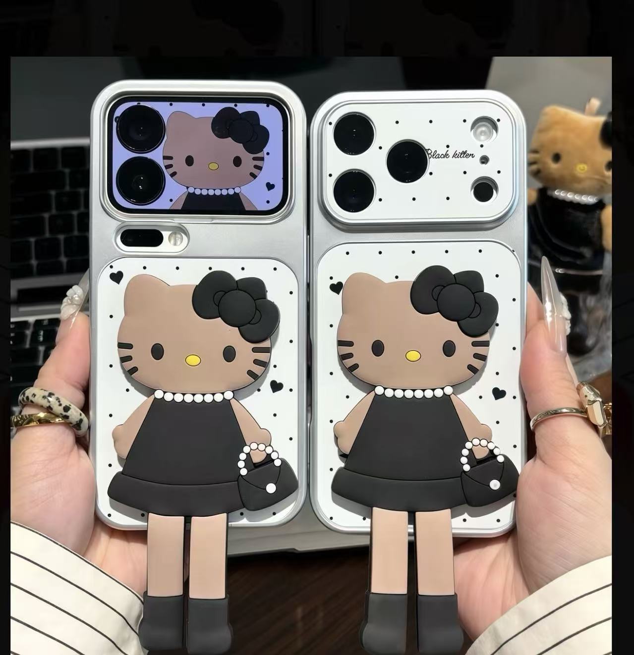 Chic Black & White  Kitty 3D Phone Case - Kawaii Brown Skin KT in Elegant Dress