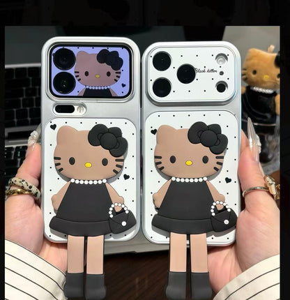 Chic Black & White  Kitty 3D Phone Case - Kawaii Brown Skin KT in Elegant Dress