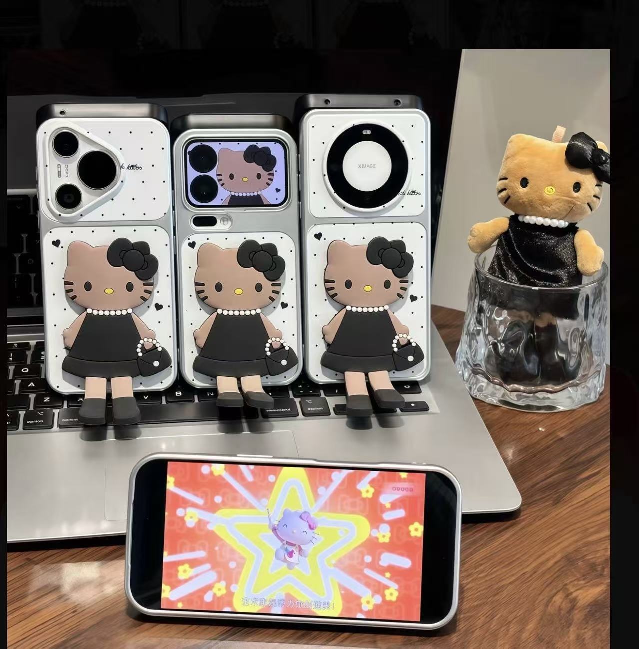 Chic Black & White  Kitty 3D Phone Case - Kawaii Brown Skin KT in Elegant Dress