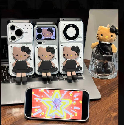 Chic Black & White  Kitty 3D Phone Case - Kawaii Brown Skin KT in Elegant Dress