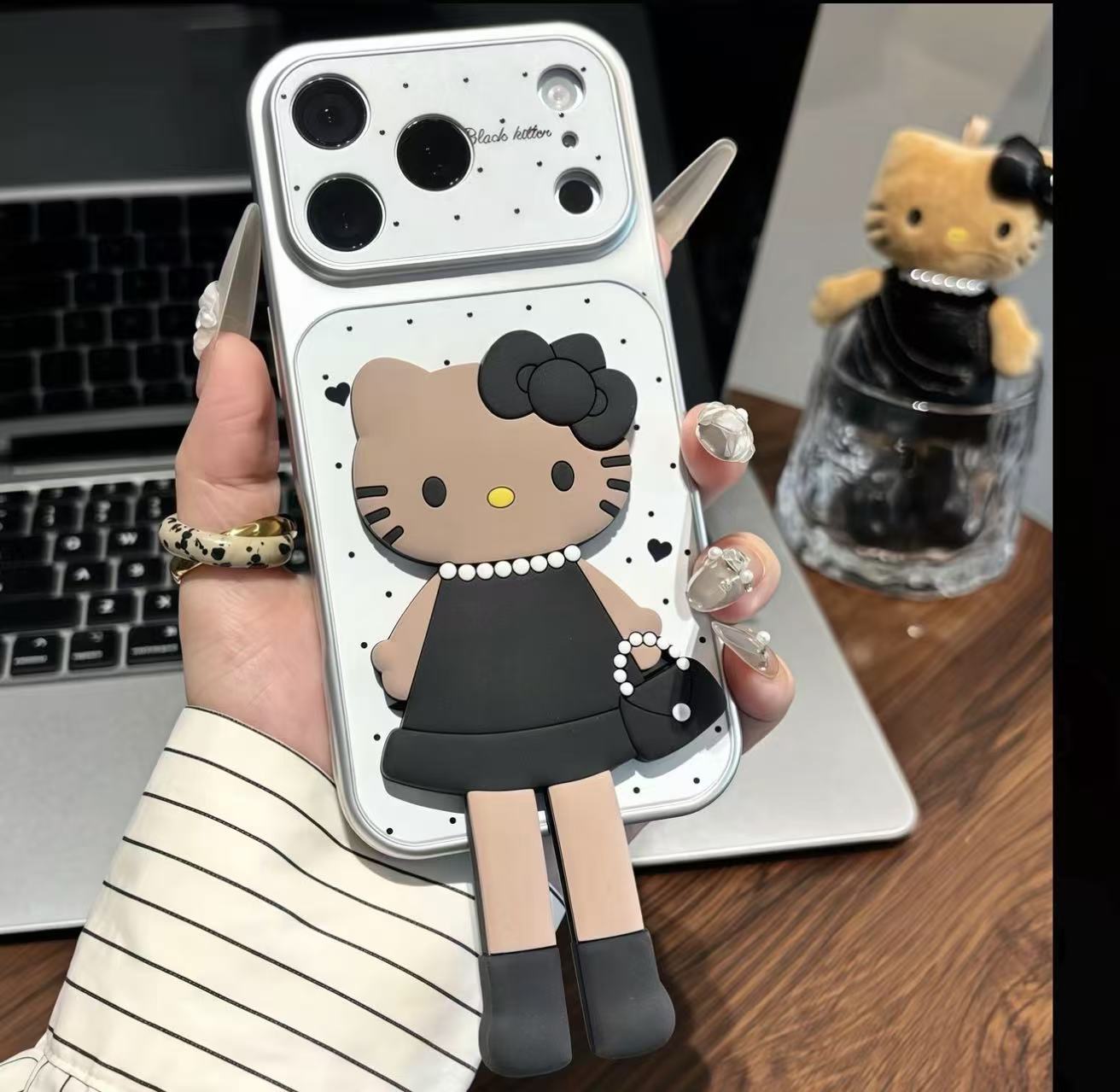 Chic Black & White  Kitty 3D Phone Case - Kawaii Brown Skin KT in Elegant Dress