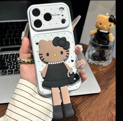 Chic Black & White  Kitty 3D Phone Case - Kawaii Brown Skin KT in Elegant Dress