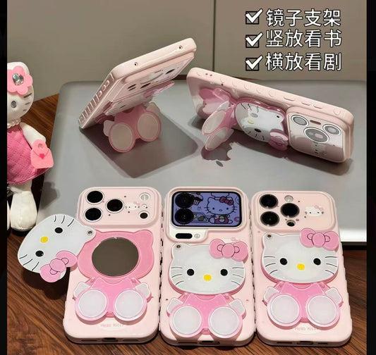 Funda de teléfono Rosa Kitty con espejo | Soporte plegable de doble posición, bonita funda protectora Kawaii