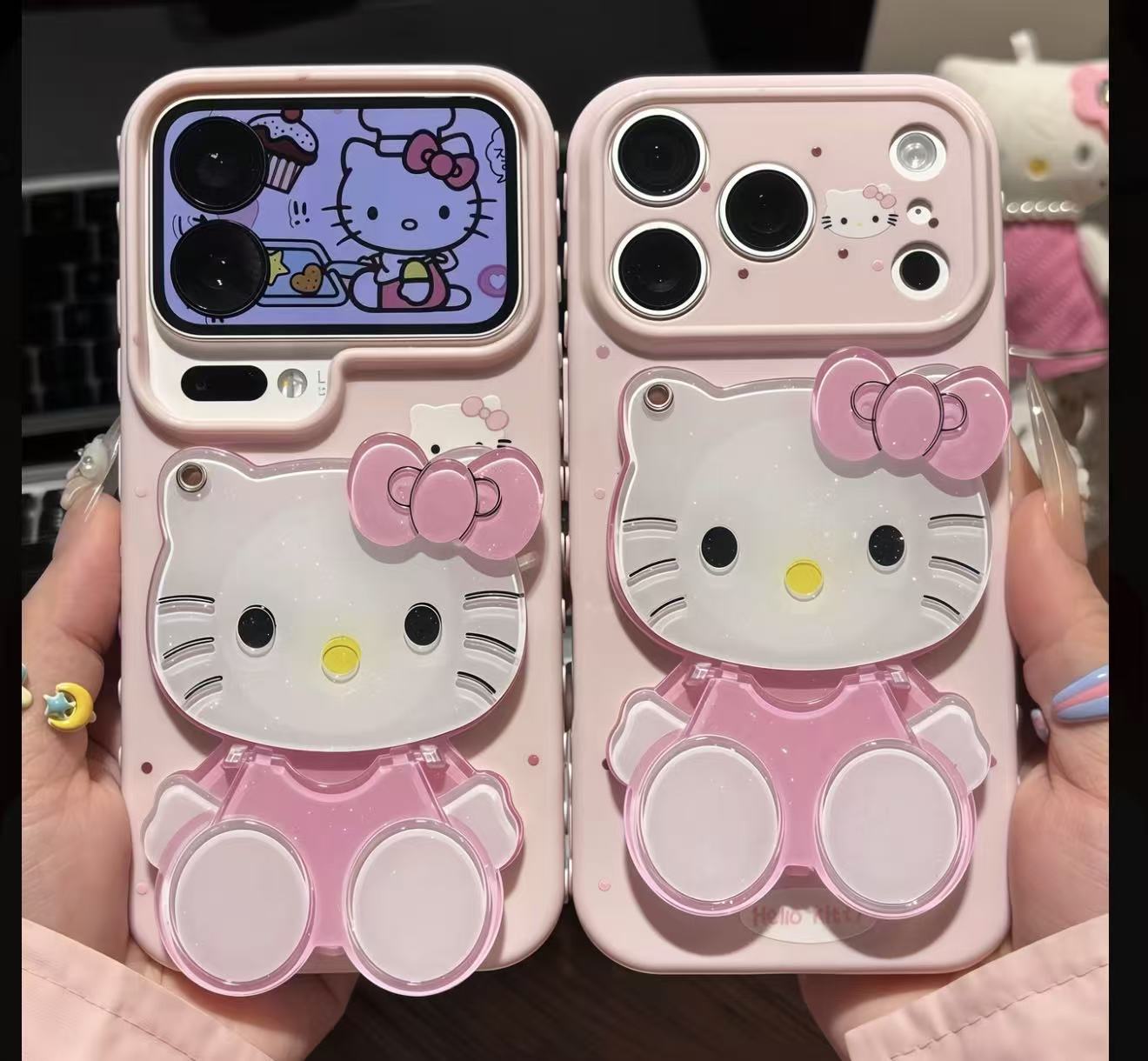 Pink  Kitty Mirror Phone Case | Foldable Dual-Position Kickstand Cute Kawaii Protective Case