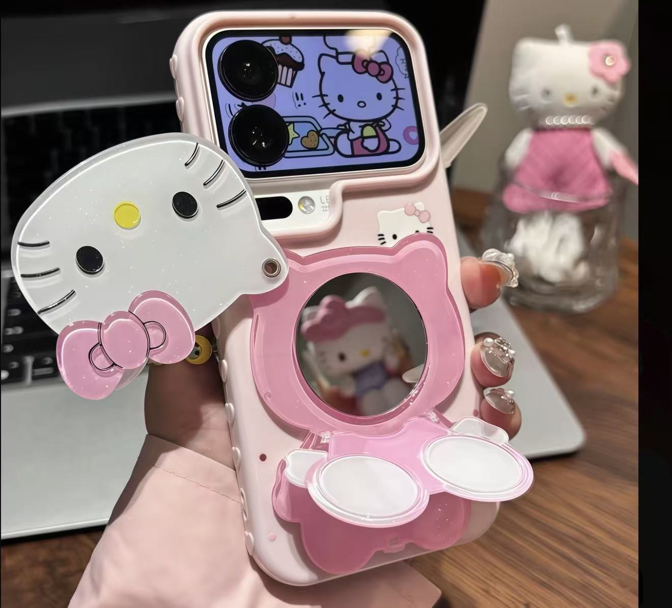 Pink  Kitty Mirror Phone Case | Foldable Dual-Position Kickstand Cute Kawaii Protective Case