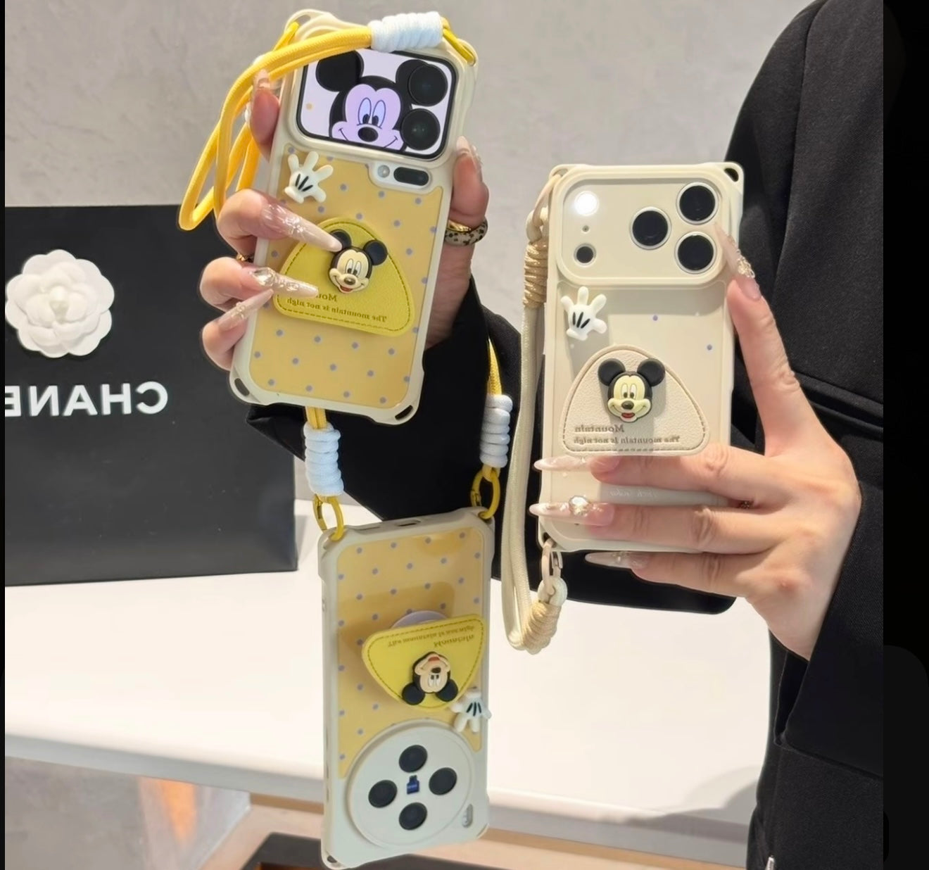 Kawaii  Mickey 3D Stereo Decor Wallet Phone Case Built-in Makeup Mirror Crossbody Lanyard Shockproof Phone Cover For iPhone Series