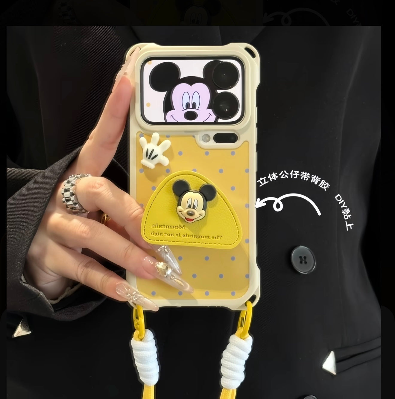 Kawaii  Mickey 3D Stereo Decor Wallet Phone Case Built-in Makeup Mirror Crossbody Lanyard Shockproof Phone Cover For iPhone Series