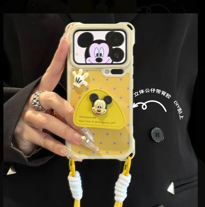 Kawaii  Mickey 3D Stereo Decor Wallet Phone Case Built-in Makeup Mirror Crossbody Lanyard Shockproof Phone Cover For iPhone Series