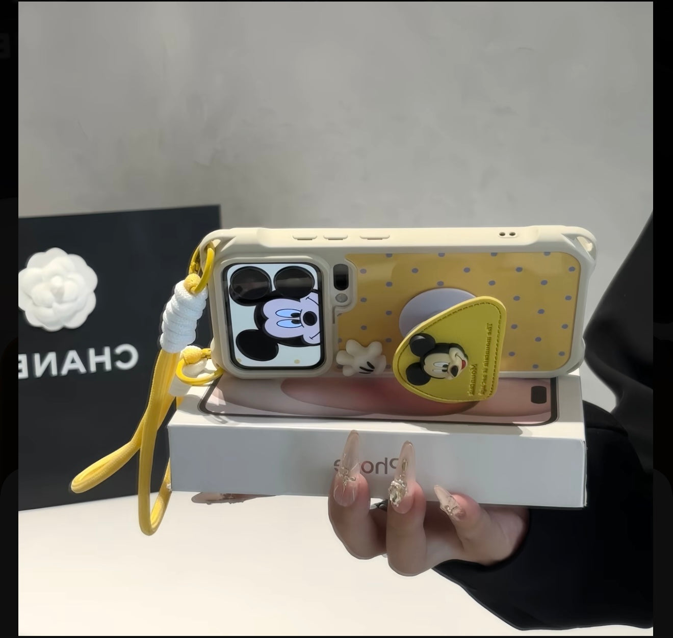 Kawaii  Mickey 3D Stereo Decor Wallet Phone Case Built-in Makeup Mirror Crossbody Lanyard Shockproof Phone Cover For iPhone Series