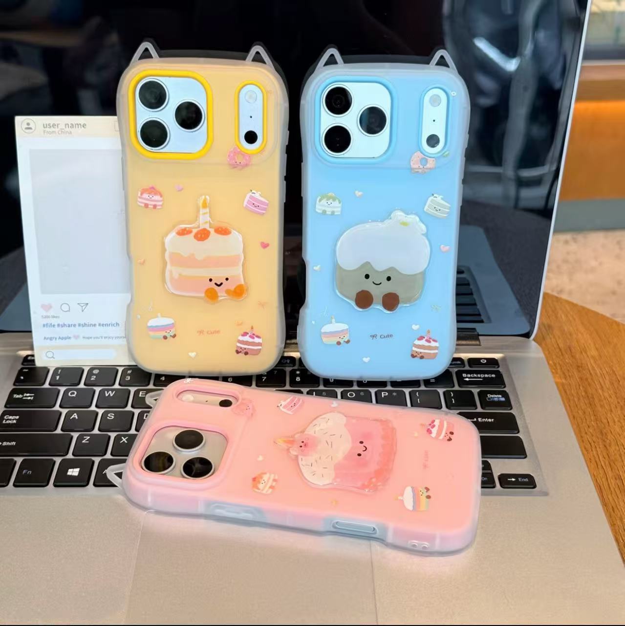 3D Cute Cake Phone Case with Cat Ears, Aesthetic Pastel Color Protective Cover with Lovely Food Print