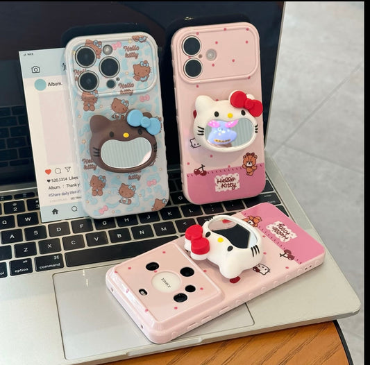 Kawaii Kitty 3D Makeup Mirror Stand Phone Case Sweet Girl Cartoon Protective Cover With Flip Camera Window