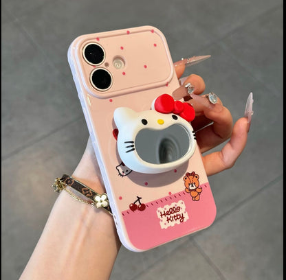 Kawaii Kitty 3D Makeup Mirror Stand Phone Case Sweet Girl Cartoon Protective Cover With Flip Camera Window