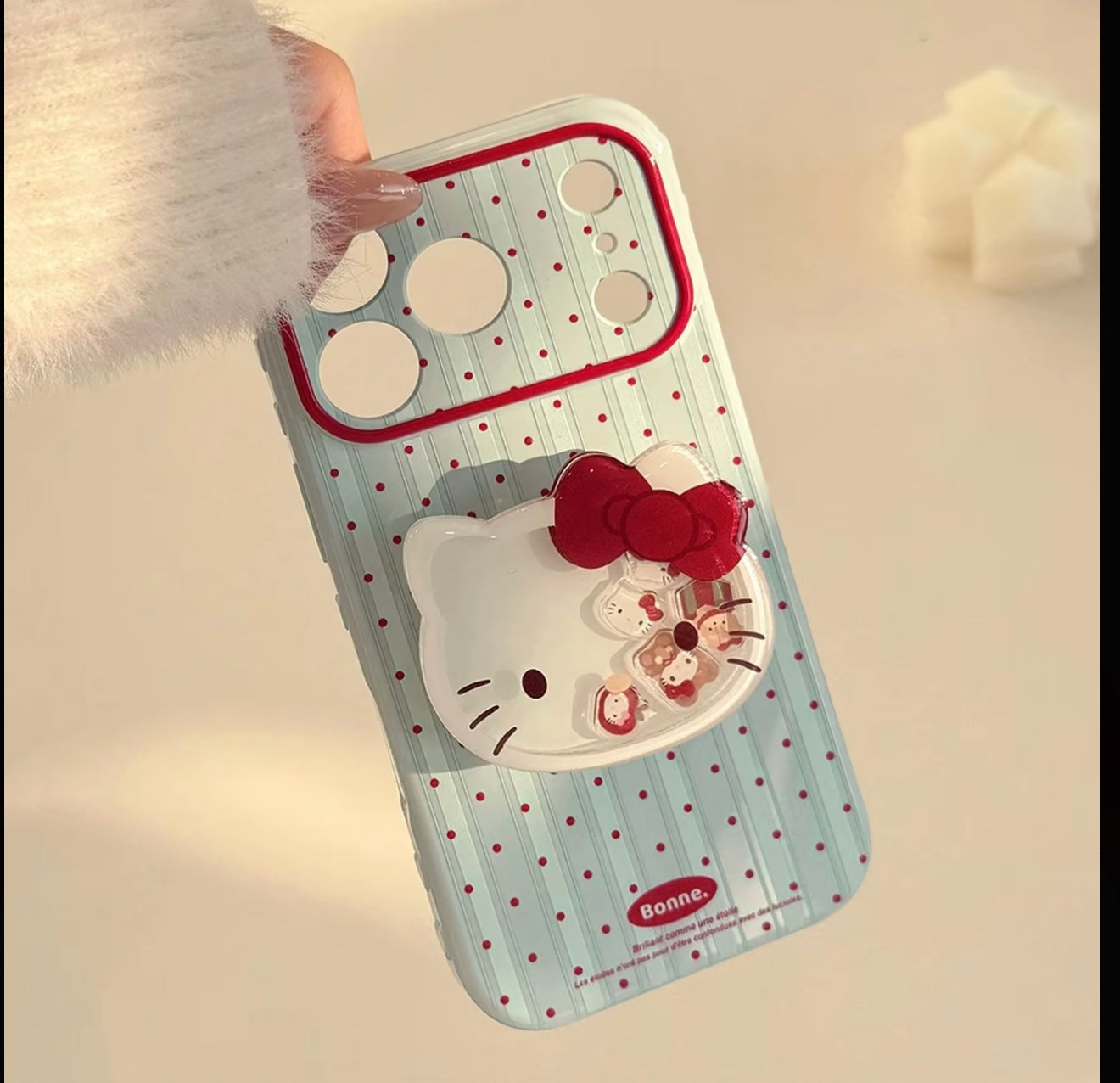 Cute Kitty Polka Dot Stripe Phone Case with Pop Stand & Plaid Flower Wrist Lanyard, Cute Shockproof Protective Cover with Full Camera Protection for iPhone