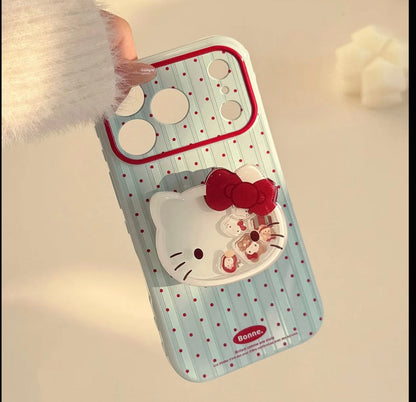 Cute Kitty Polka Dot Stripe Phone Case with Pop Stand & Plaid Flower Wrist Lanyard, Cute Shockproof Protective Cover with Full Camera Protection for iPhone