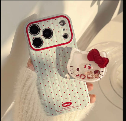 Cute Kitty Polka Dot Stripe Phone Case with Pop Stand & Plaid Flower Wrist Lanyard, Cute Shockproof Protective Cover with Full Camera Protection for iPhone