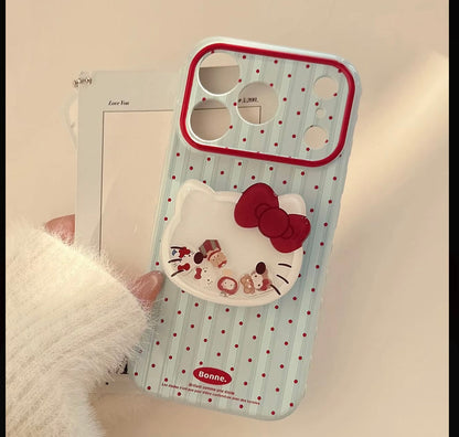 Cute Kitty Polka Dot Stripe Phone Case with Pop Stand & Plaid Flower Wrist Lanyard, Cute Shockproof Protective Cover with Full Camera Protection for iPhone