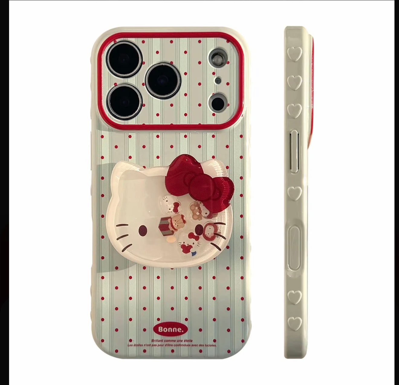 Cute Kitty Polka Dot Stripe Phone Case with Pop Stand & Plaid Flower Wrist Lanyard, Cute Shockproof Protective Cover with Full Camera Protection for iPhone