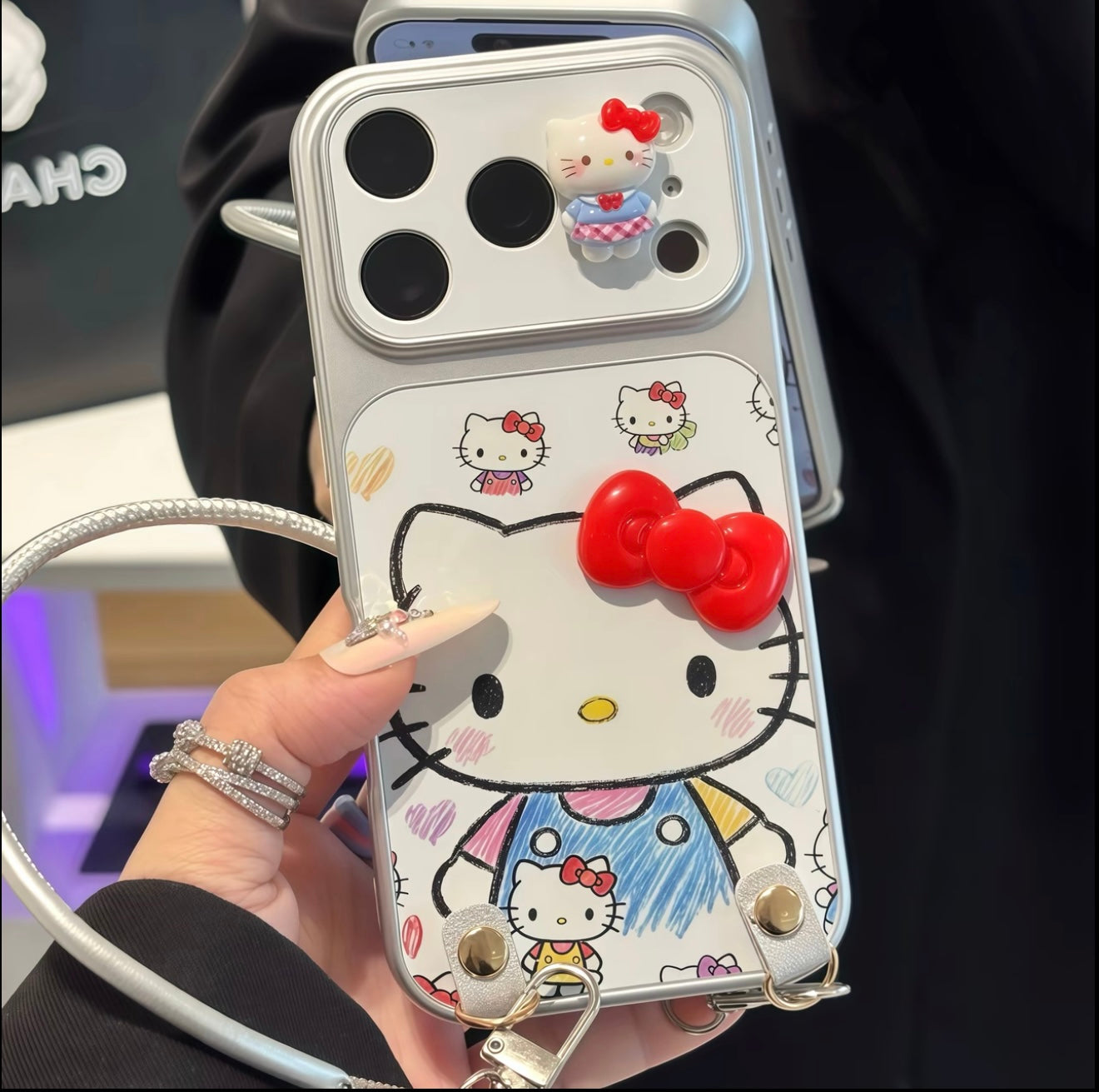 Funda de teléfono 3D Bow Kitty con cordón de muñeca, cubierta de silicona suave anticaída, bonita funda de dibujos animados Sanrio para iPhone